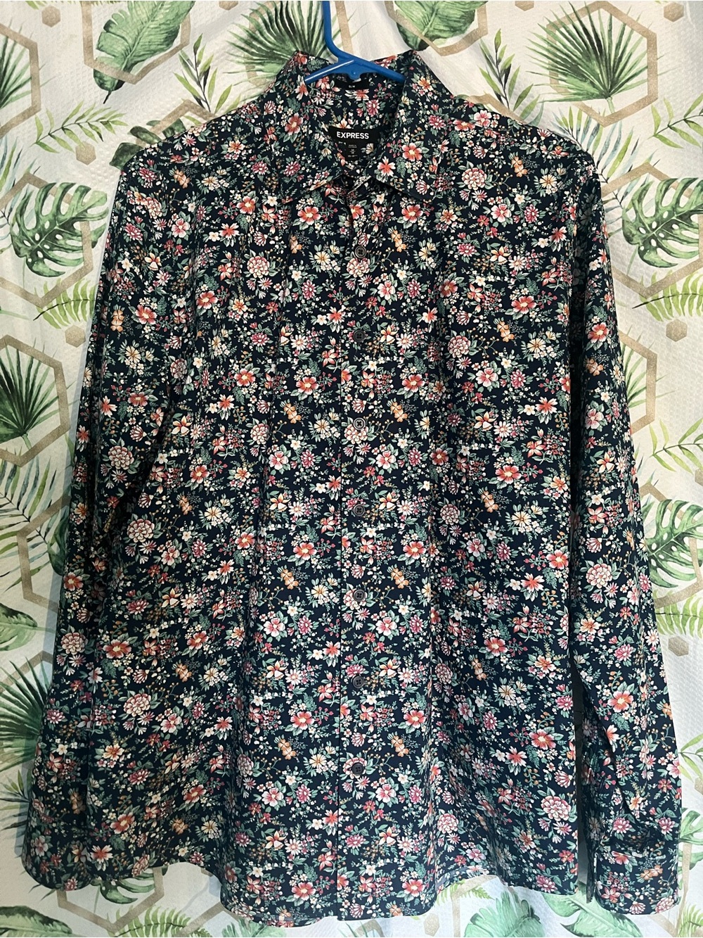 Express Black Floral Button-Up Shirt with Pink & Cream Blooms